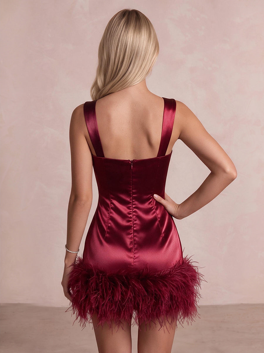 Burgundy Sheath Mini Satin Party Dresses Square Neck Christmas Gowns With Feather