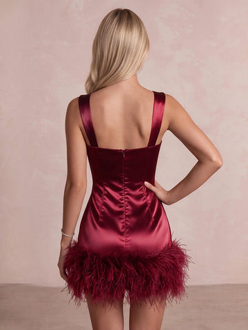 Burgundy Sheath Mini Satin Party Dresses Square Neck Christmas Gowns With Feather