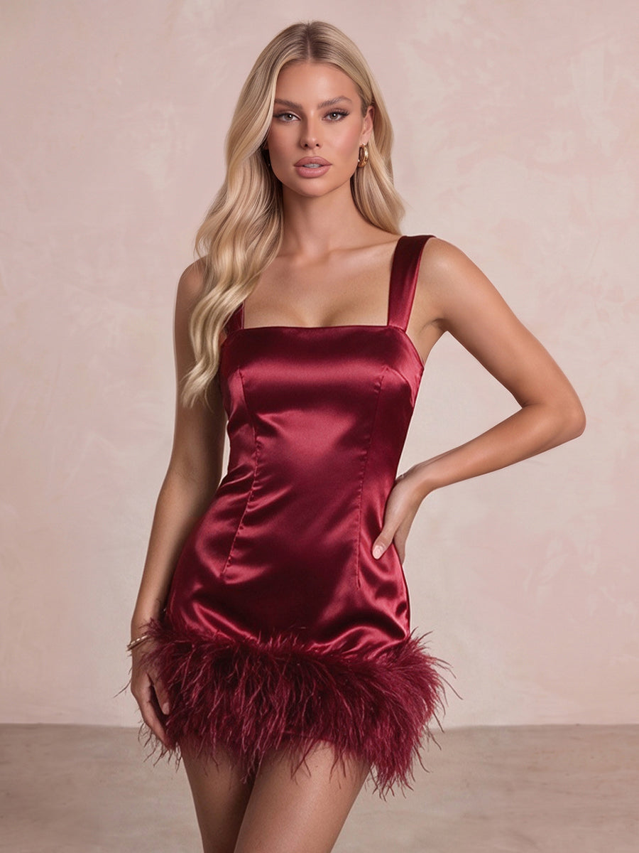 Burgundy Sheath Mini Satin Party Dresses Square Neck Christmas Gowns With Feather