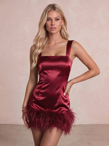 Burgundy Sheath Mini Satin Party Dresses Square Neck Christmas Gowns With Feather