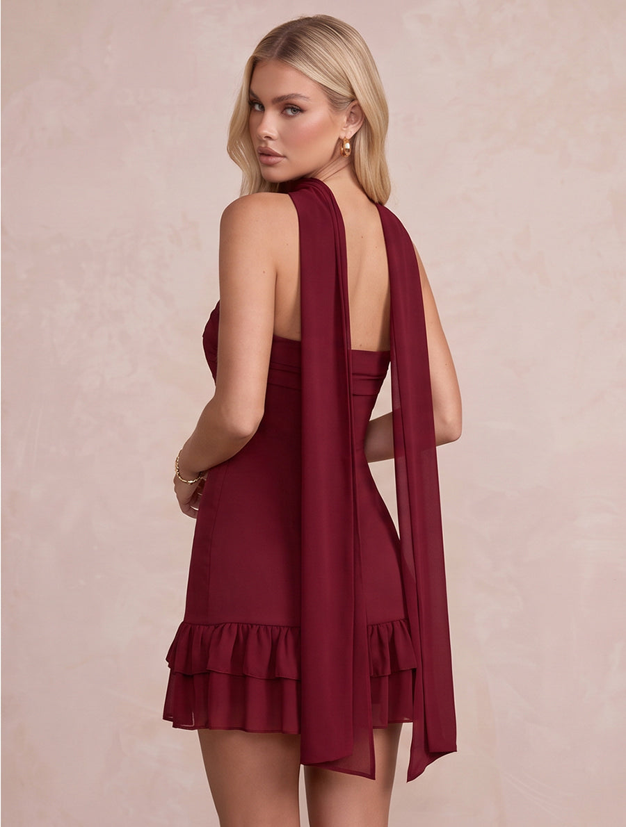 Burgundy Sheath Mini Chiffon Party Dresses Strapless Tiered Halter Scarf Neck Christmas Gown