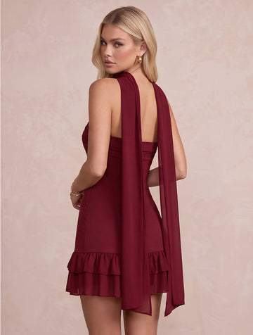 Burgundy Sheath Mini Chiffon Party Dresses Strapless Tiered Halter Scarf Neck Christmas Gown