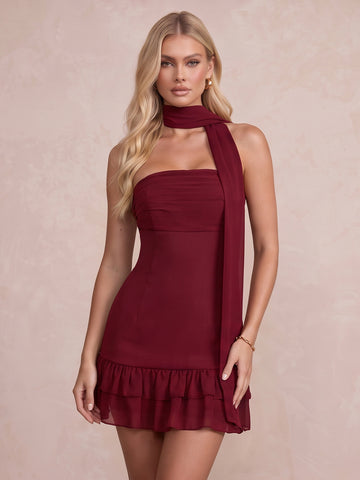 Burgundy Sheath Mini Chiffon Party Dresses Strapless Tiered Halter Scarf Neck Christmas Gown