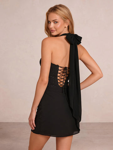 Black Sheath Mini Lace With Beaded Chiffon Party Dresses Halter V Neck