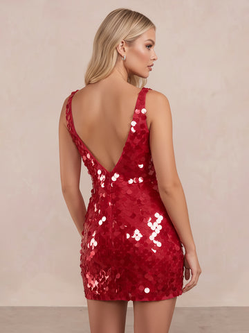 Red Sheath Mini Sequin Deep V Neck Spaghetti Strap Party Dresses Christmas Gowns