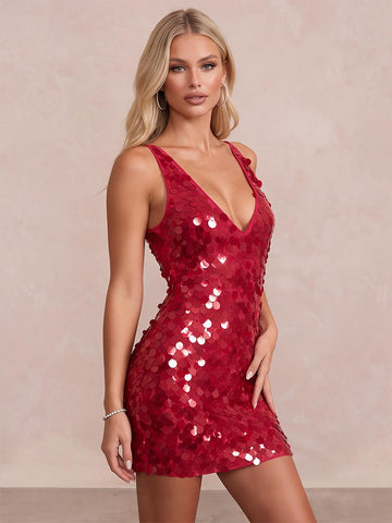 Red Sheath Mini Sequin Deep V Neck Spaghetti Strap Party Dresses Christmas Gowns