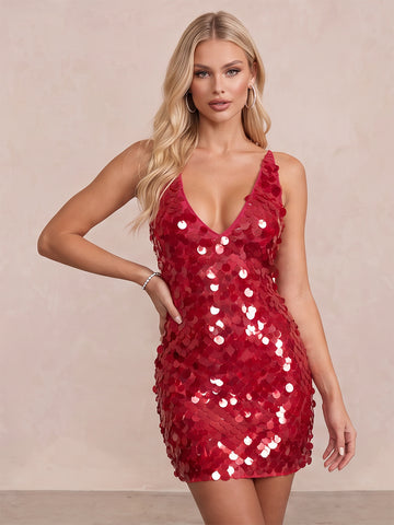 Red Sheath Mini Sequin Deep V Neck Spaghetti Strap Party Dresses Christmas Gowns