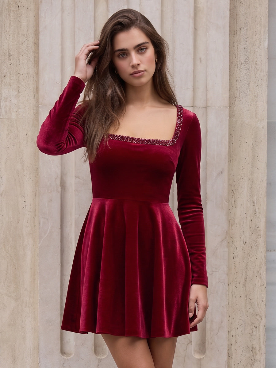 Wine Red A Line Mini Velvet Party Dresses Square Neck Christmas Gown with Rhinestone