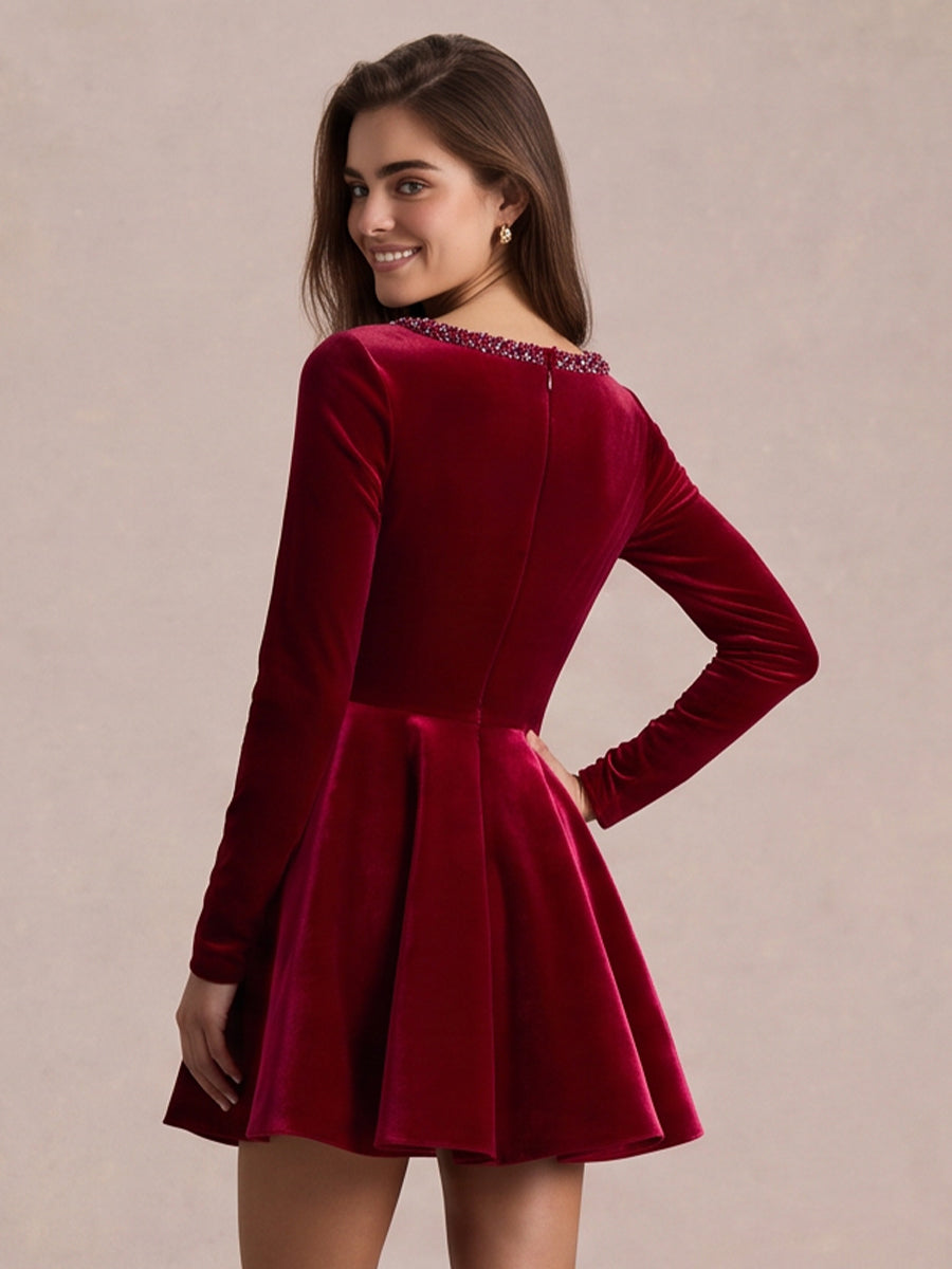 Wine Red A Line Mini Velvet Party Dresses Square Neck Christmas Gown with Rhinestone