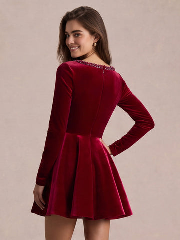 Wine Red A Line Mini Velvet Party Dresses Square Neck Christmas Gown with Rhinestone