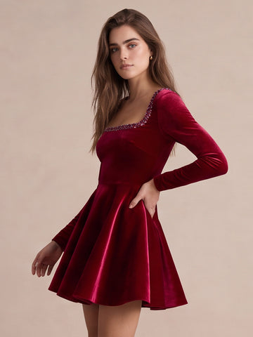 Wine Red A Line Mini Velvet Party Dresses Square Neck Christmas Gown with Rhinestone