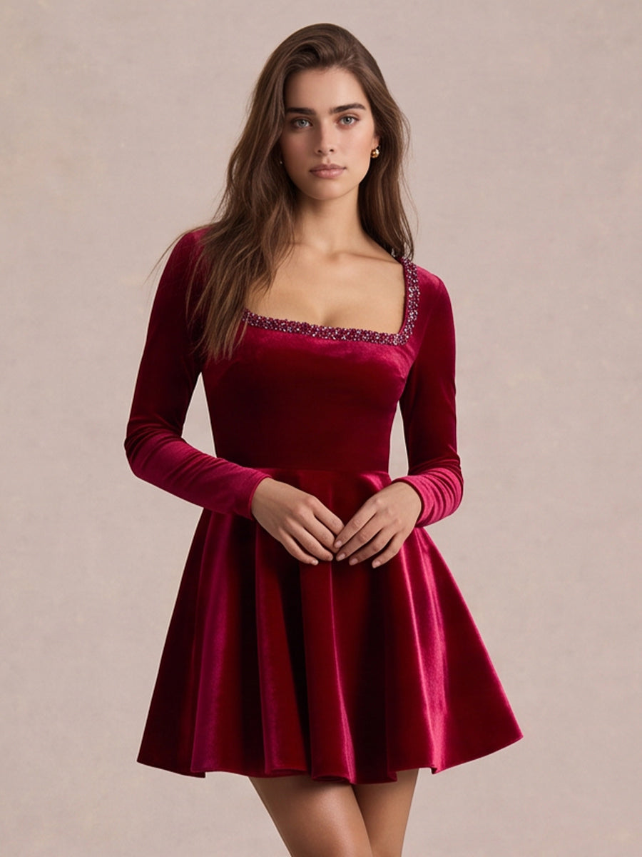 Wine Red A Line Mini Velvet Party Dresses Square Neck Christmas Gown with Rhinestone