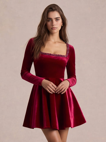 Wine Red A Line Mini Velvet Party Dresses Square Neck Christmas Gown with Rhinestone