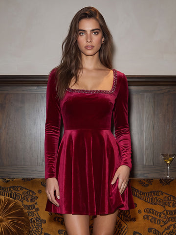 Wine Red A Line Mini Velvet Party Dresses Square Neck Christmas Gown with Rhinestone