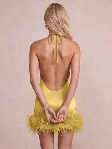 Gold Sheath Mini Satin With Feather Party Dresses Halter Neck Christmas Gown