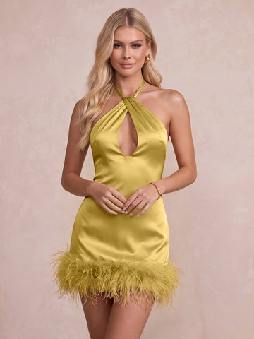 Gold Sheath Mini Satin With Feather Party Dresses Halter Neck Christmas Gown