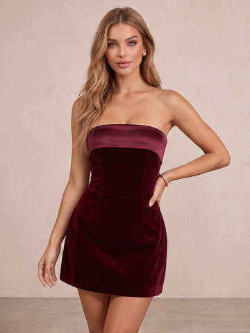 Burgundy Sheath Mini Velvet Party Dresses Strapless Tube Neck Christmas Gown