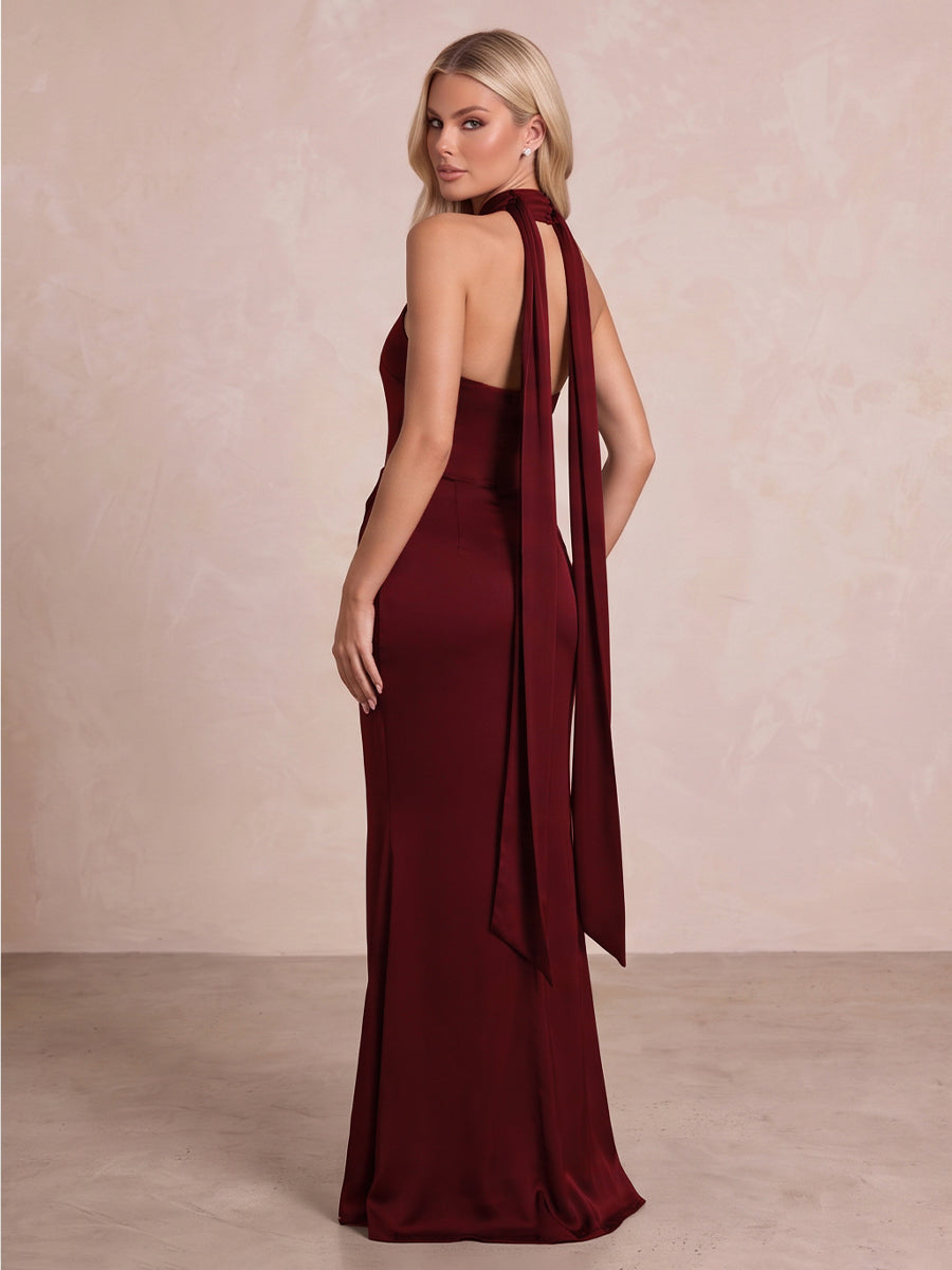 BBurgundy Sheath Floor Length Satin Party Dresses Halter High Neck Evening Gowns