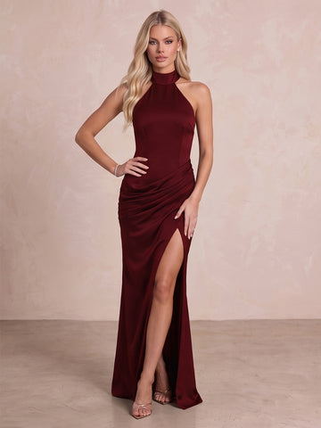 BBurgundy Sheath Floor Length Satin Party Dresses Halter High Neck Evening Gowns