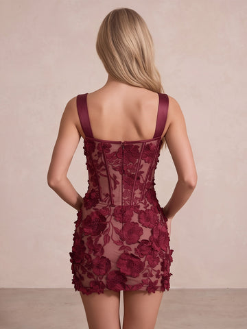 Burgundy Sheath Mini 3D Floral Applique Party Dresses Square Neck Wide Strap New Year&