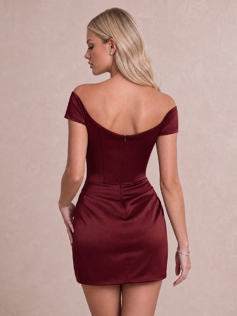 Burgundy Sheath Off Shoulder Sweetheart Neck Mini Satin Party Dresses