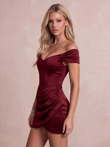 Burgundy Sheath Off Shoulder Sweetheart Neck Mini Satin Party Dresses