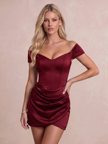Burgundy Sheath Off Shoulder Sweetheart Neck Mini Satin Party Dresses