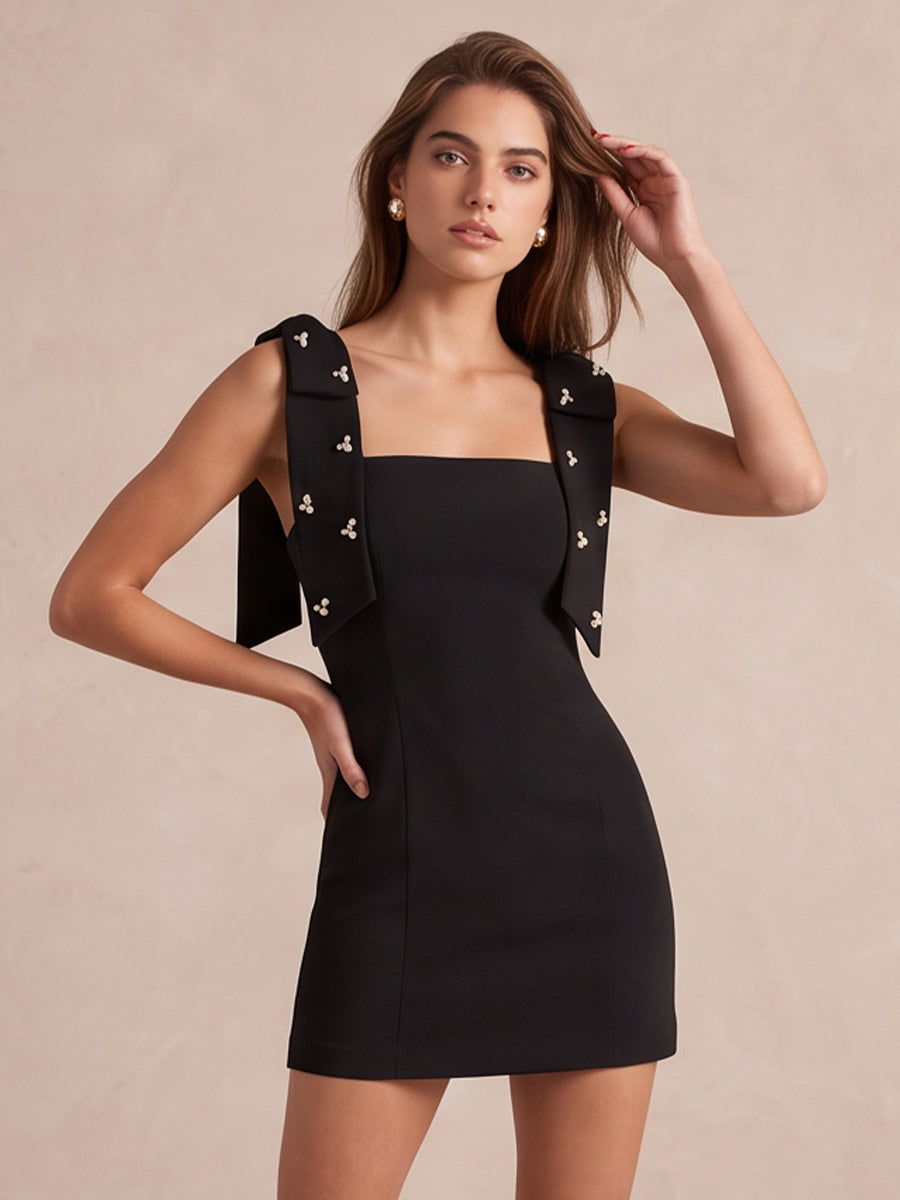 Sheath Mini Crepe With Rhinestone Square Neck Bow Straps Black Party Dresses
