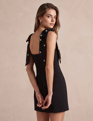 Sheath Mini Crepe With Rhinestone Square Neck Bow Straps Black Party Dresses