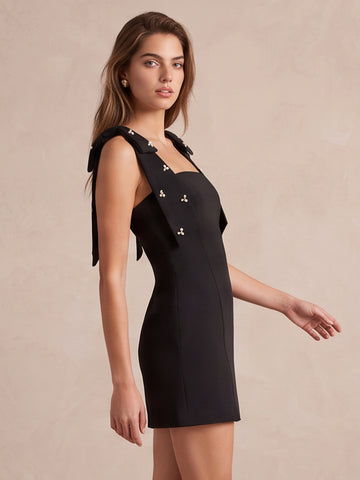 Sheath Mini Crepe With Rhinestone Square Neck Bow Straps Black Party Dresses