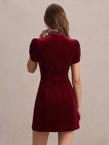 Light Burgundy A Line Mini Velvet High Neck Party Dresses High Neck Christmas Gown