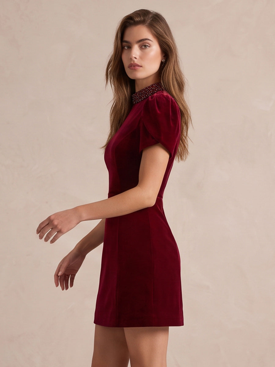 Light Burgundy A Line Mini Velvet High Neck Party Dresses High Neck Christmas Gown