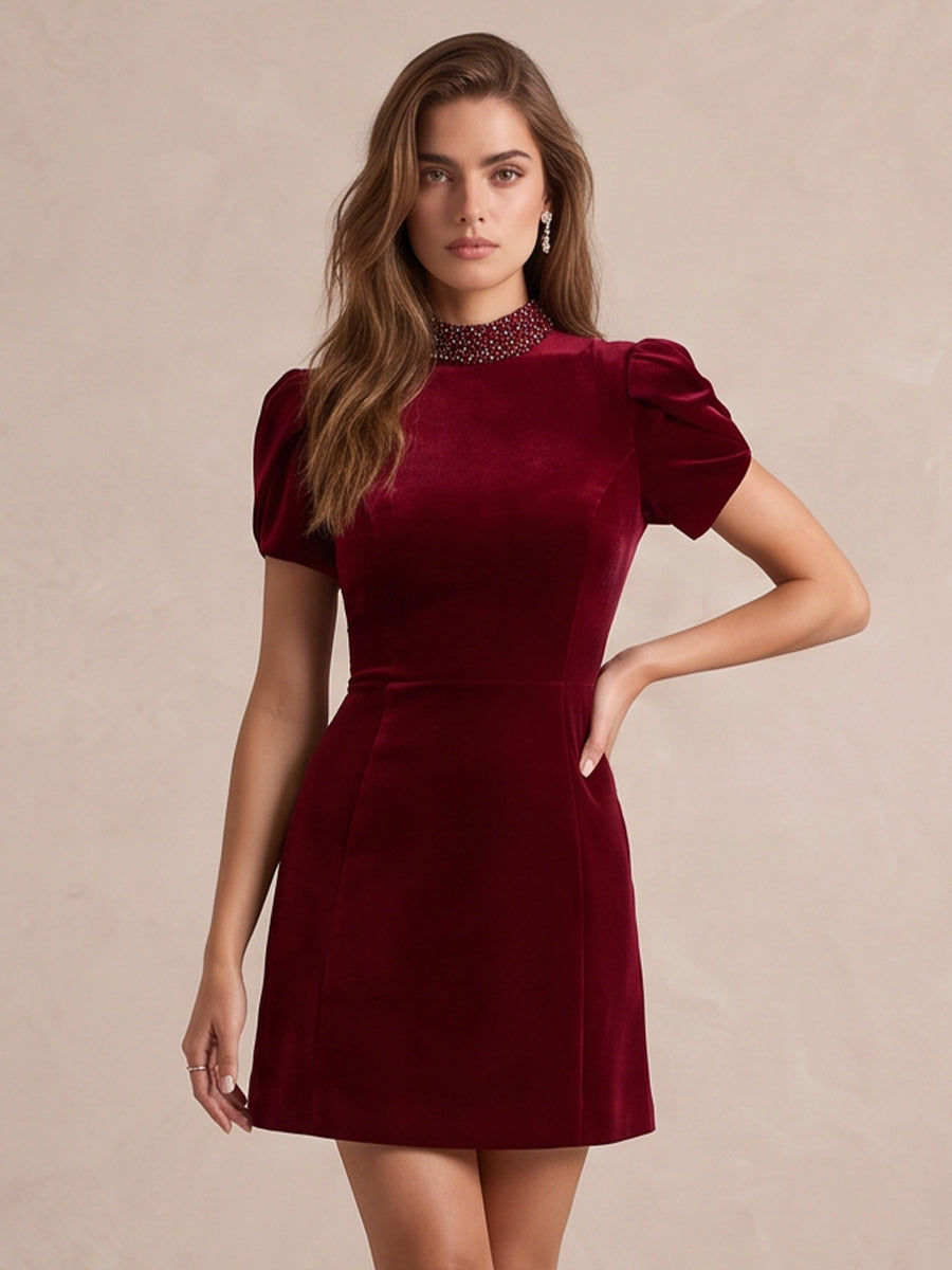 Light Burgundy A Line Mini Velvet High Neck Party Dresses High Neck Christmas Gown
