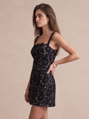 Black Sheath Mini Floral Lace Square Neck Party Dresses