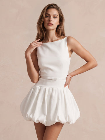 White A Line Bateau Neck Bubble Hem Mini Crepe Party Dresses