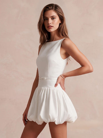 White A Line Bateau Neck Bubble Hem Mini Crepe Party Dresses