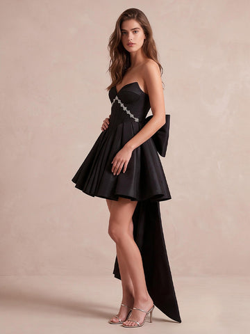Black A Line With Train Mini Satin Party Dresses With Rhinestone