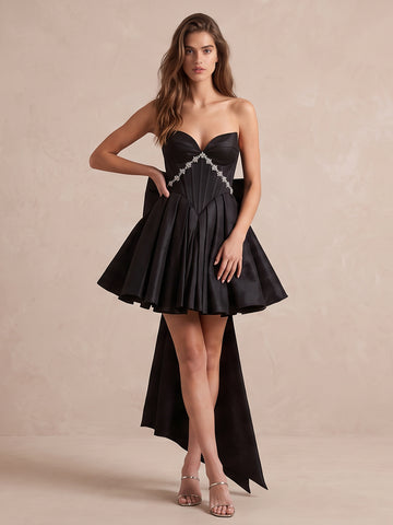 Black A Line With Train Mini Satin Party Dresses With Rhinestone