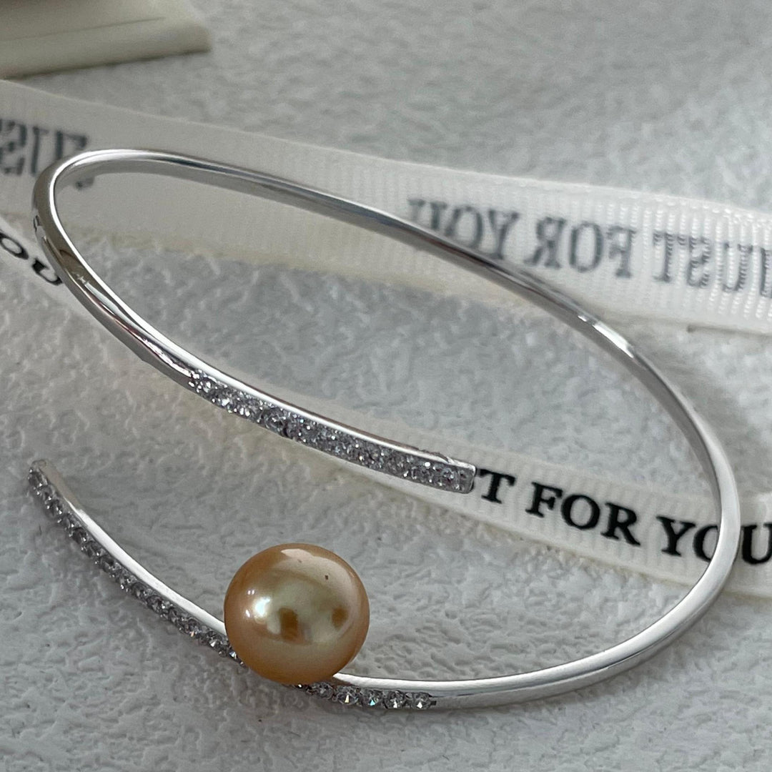Silver Open Cuff Bracelets with Champagne Pearl Inlaid Tiny Crystal