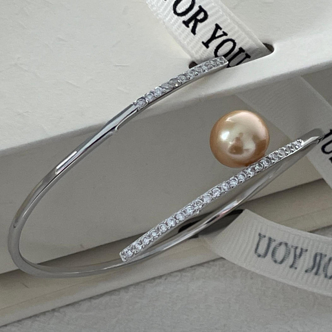 Silver Open Cuff Bracelets with Champagne Pearl Inlaid Tiny Crystal