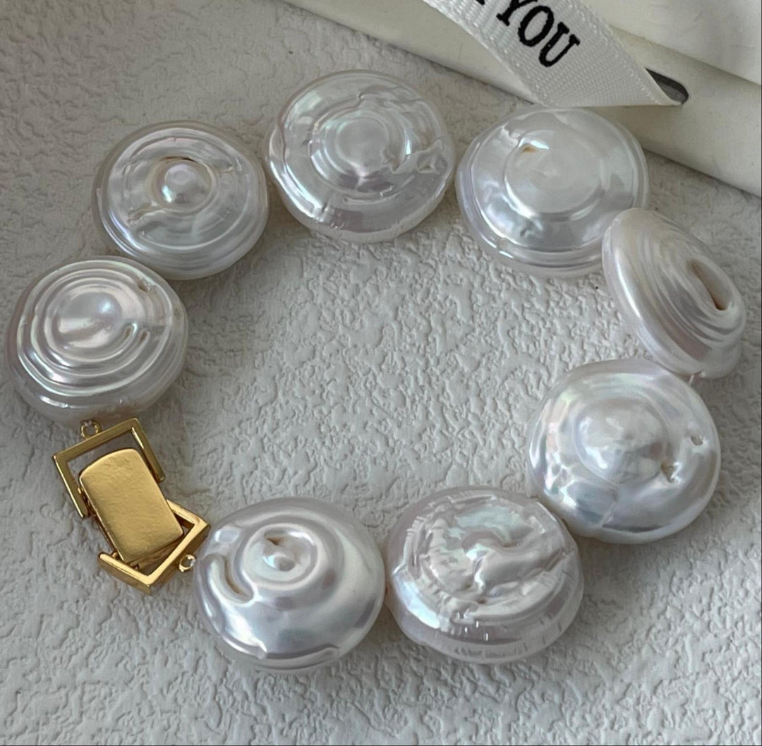Coin Shaped Baroque Pearl Bead Bracelets with Gold Square Clasp