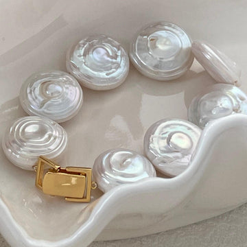 Coin Shaped Baroque Pearl Bead Bracelets with Gold Square Clasp