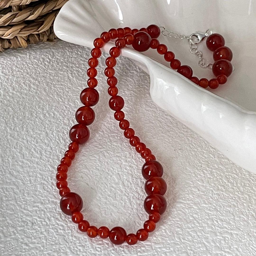 Glossy Round Red Agate Bead Bracelets with Adjustable Silver Lobster Clasp