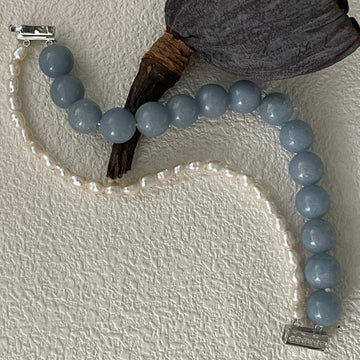 Aquamarine Pearl Bead Bracelets with Dual Material Silver Rectangle Clasp