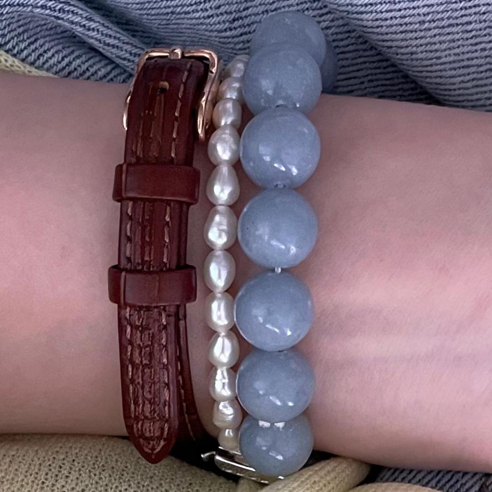 Aquamarine Pearl Bead Bracelets with Dual Material Silver Rectangle Clasp