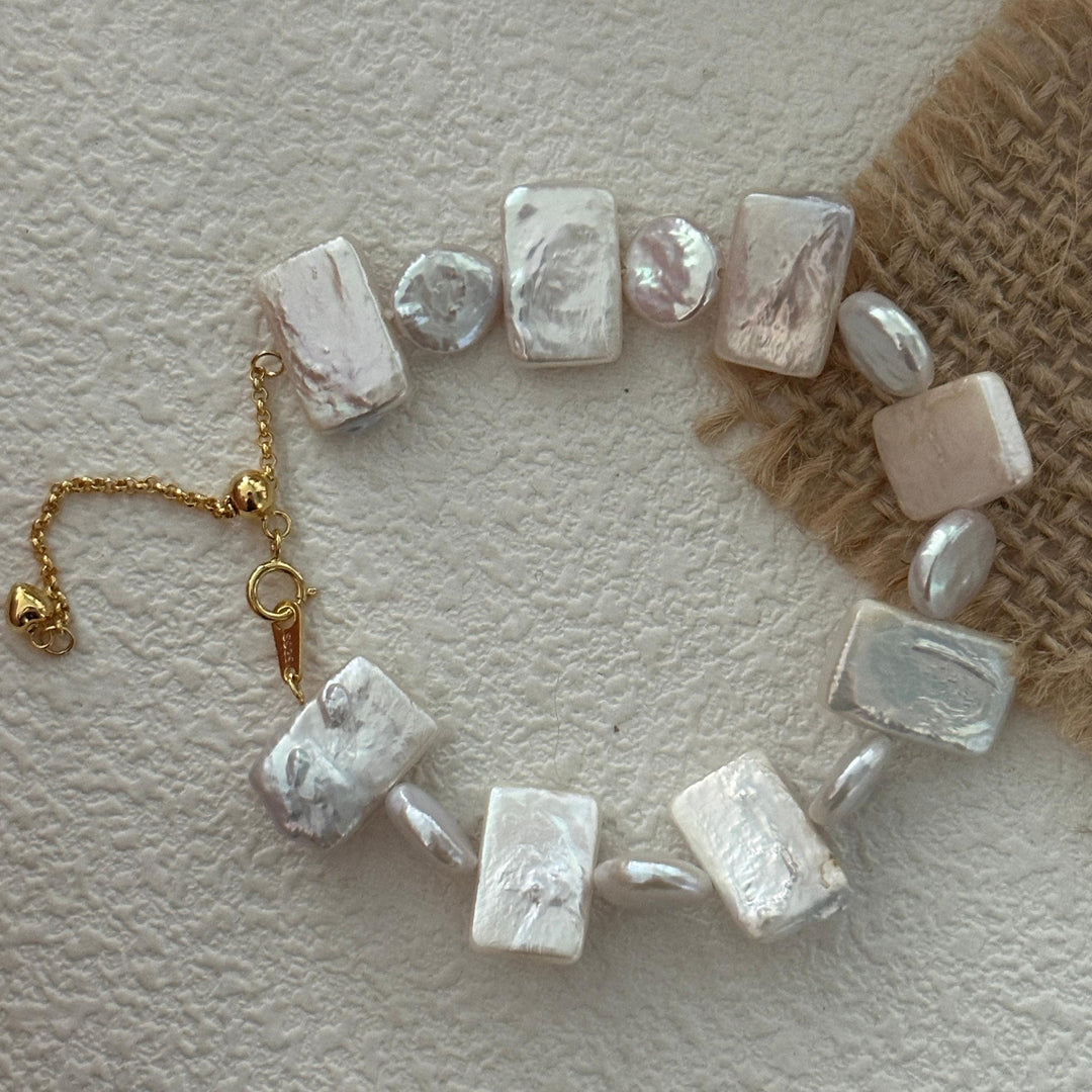 Rectangle Baroque Pearl Bead Bracelets with Gold Adjustable Extension Chain