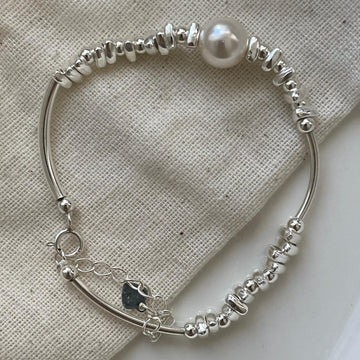 Silver Irregular Chip Bead Bracelets Single White Pearl With Heart Charm Extension Chain