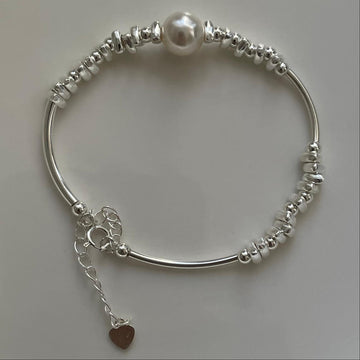 Silver Irregular Chip Bead Bracelets Single White Pearl With Heart Charm Extension Chain
