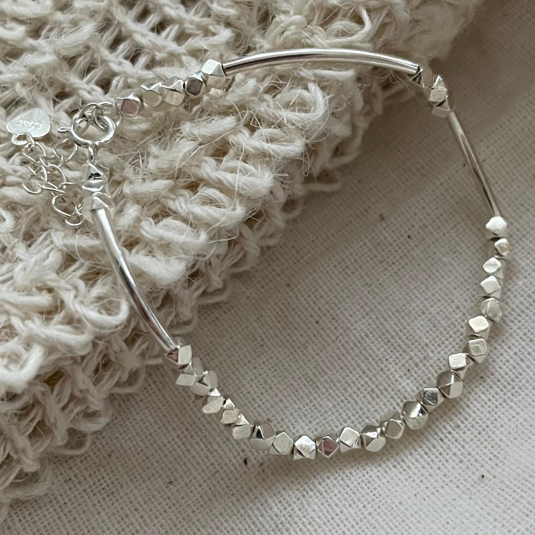 Silver Cube Bead Bracelets with Curved Bar With Heart Tag Extension Chain