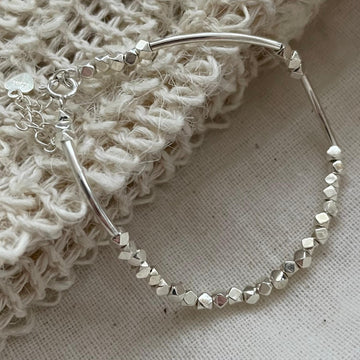 Silver Cube Bead Bracelets with Curved Bar With Heart Tag Extension Chain